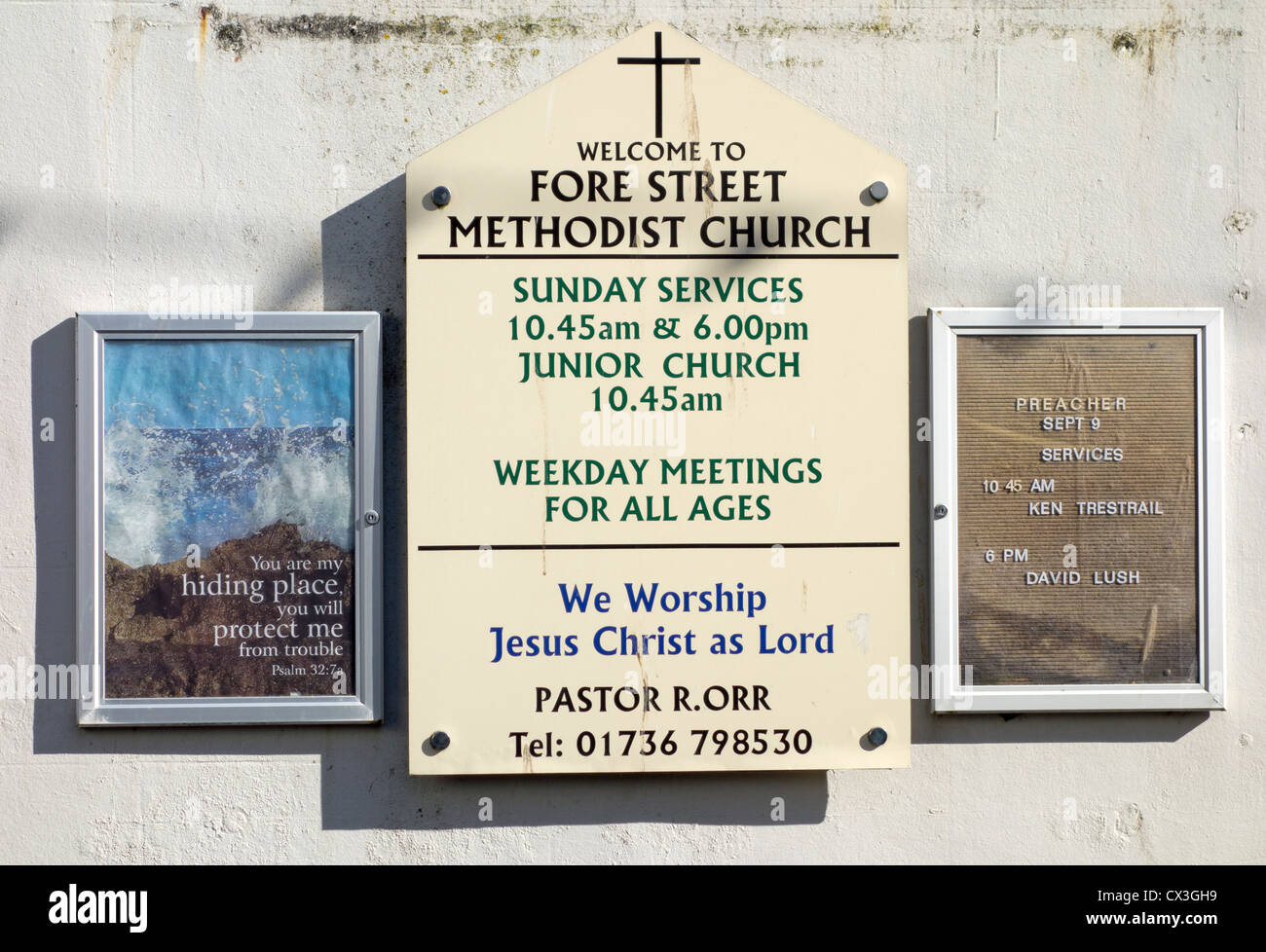 Evangelisch-methodistische Kirche Zeichen und Hinweise, St. Ives, Cornwall UK. Stockfoto