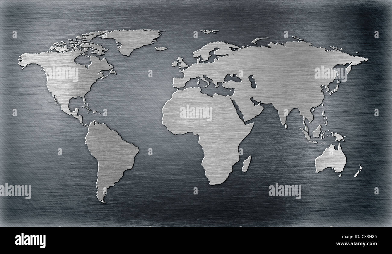Welt Karte Relief oder Form auf Metallplatte Stockfoto