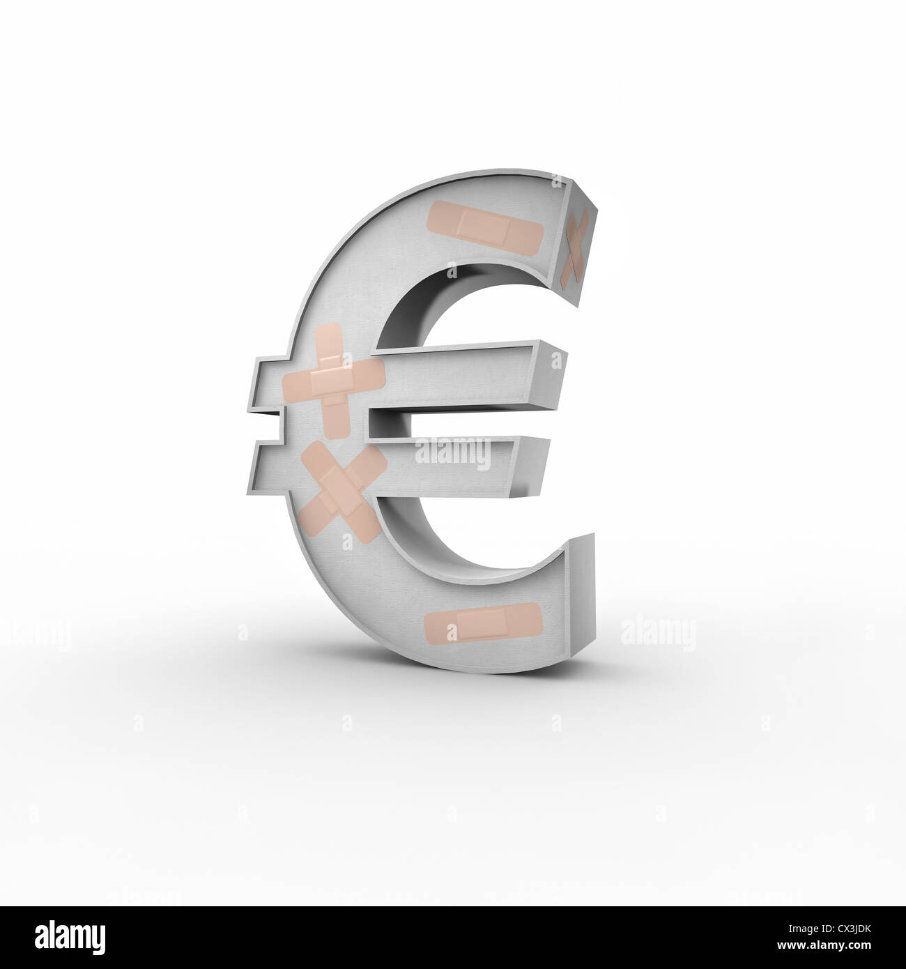 Eurozeichen Mit Pflastern Auf der Oberfläche Auf Weissem Hintergrund-Eurozeichen mit Bandagen Stockfoto