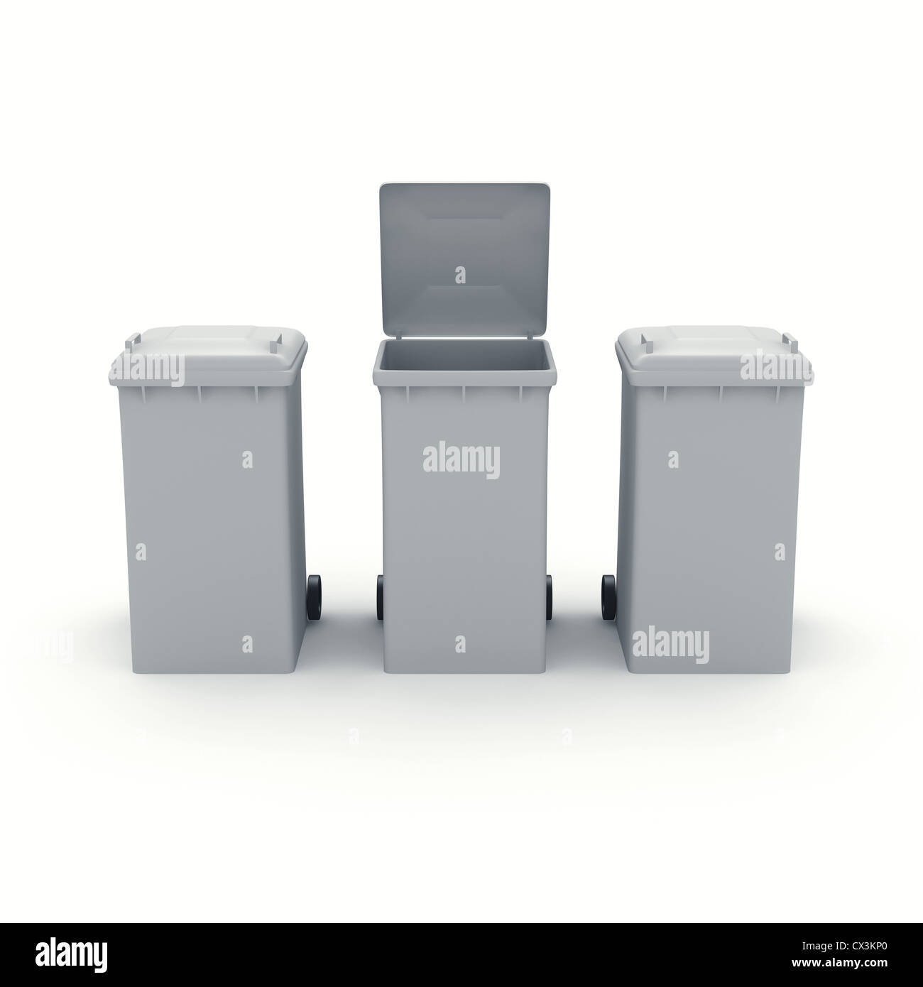 3 Graue Mülltonnen, Eine Mit Geöffnetem Deckel Auf Weissem Hintergrund, 3 Mülltonnen oder Mülltonnen, eins mit Deckel öffnen Stockfoto
