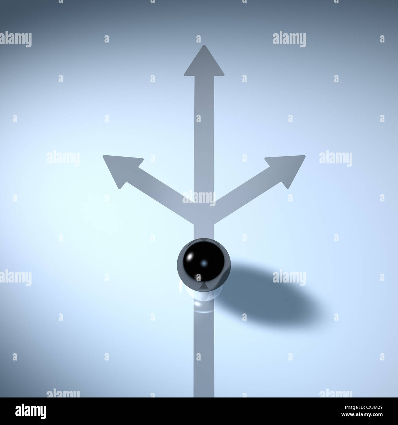 Schwarze Kugel Auf Einem Weg der Sich in 3 Richtungen Teilt - Ball ins Rollen auf einer Strecke, die in 3 Richtungen aufteilt Stockfoto