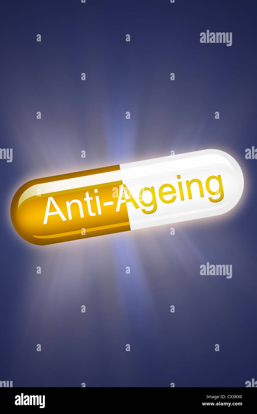 Anti aging Konzept Pille Kapsel glühende Wundermittel Stockfoto