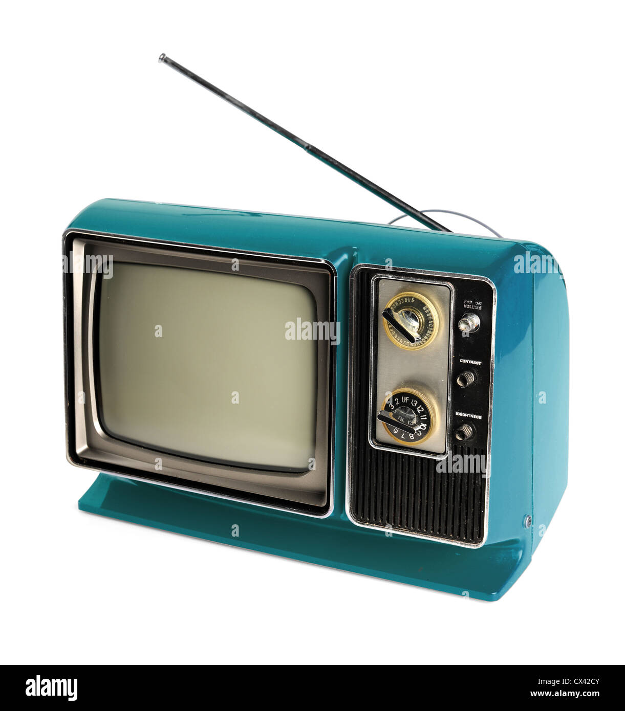 Vintage TV mit Antenne isoliert auf weißem Hintergrund - mit Beschneidungspfad Stockfoto