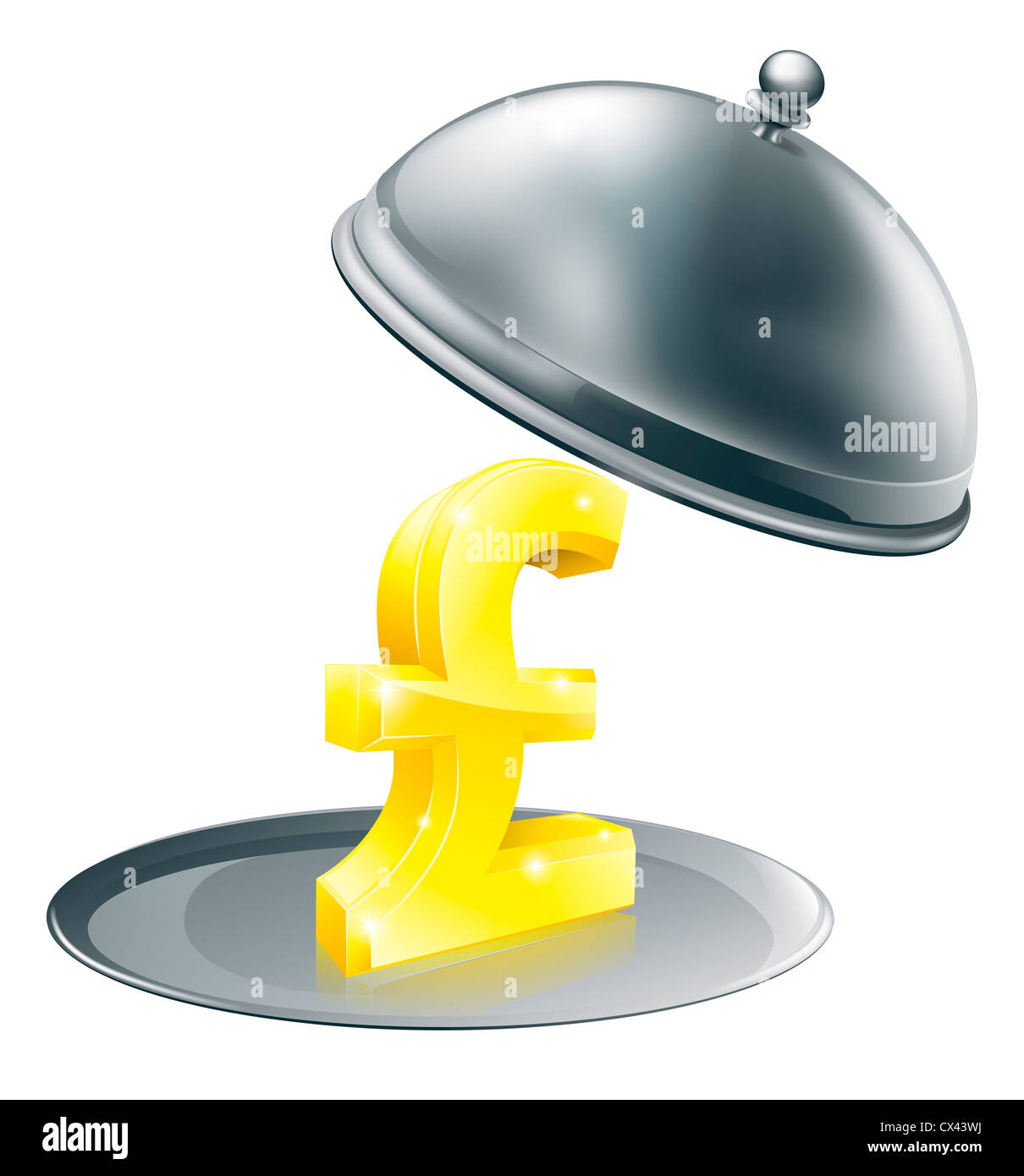 Ein Pfund-Zeichen auf Silbertablett. Konzeptionelle Darstellung für Gelegenheit, Geld zu verdienen oder vielleicht mit teuren Restaurants zu tun Stockfoto
