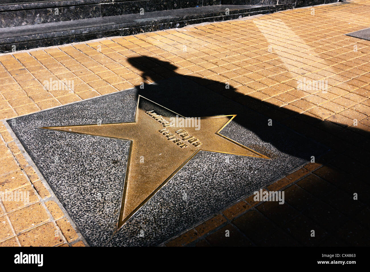 Schatten Sie über polnischen Regisseur Andrzej Wajda Stern in dem Lodz Walk of Fame Piotrkowska-Straße. Stockfoto
