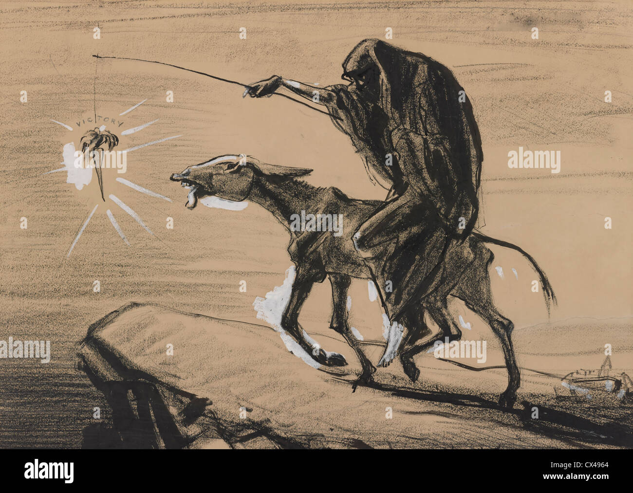 Politische Karikatur zeigt, dass es Tod eine abgemagerte Esel reiten in Richtung Abgrund führt durch eine Karotte baumelt, erreichen nur, 1916 Stockfoto