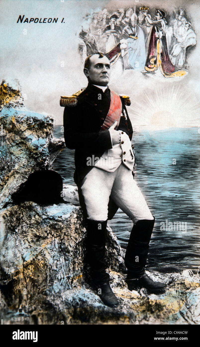 Napoleon Bonaparte auf St. Helena, Hand farbige Lithographie Stockfoto