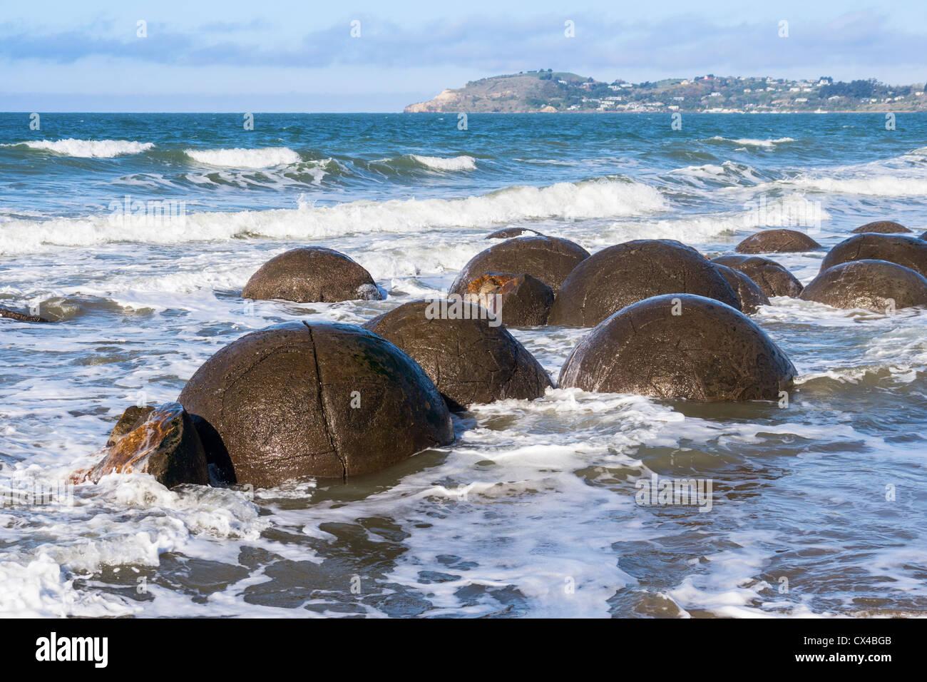 Moeraki Boulders, Otago, Neuseeland, an einem feinen Frühlingstag bei Flut. Stockfoto