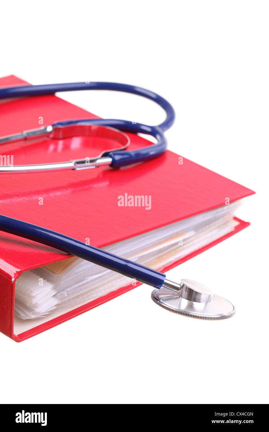 Blaue Stethoskop Gesundheitswesen, Instrument, isoliert auf weiß, rot Dateiordner, binder Stockfoto