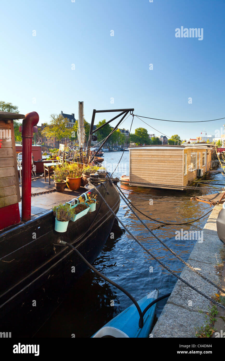 Amsterdam: Hausboote an der Amstel Stockfoto