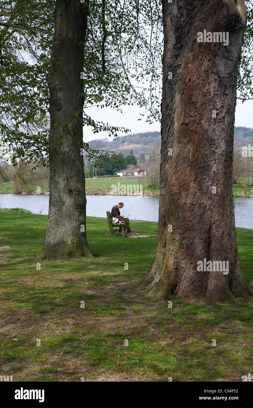 Alter Mann auf einer Bank am Builth Wells, Powys, Wales, UK Stockfoto