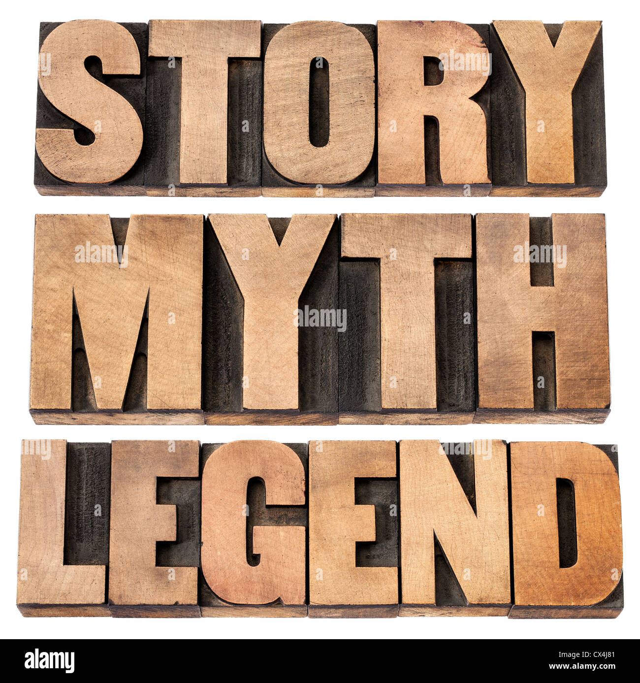 Geschichte, Mythos, Legende - Storytelling-Konzept - isolierte Wörter in Vintage Buchdruck Holzart Stockfoto