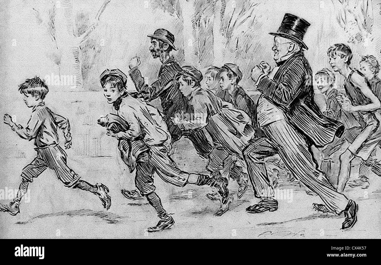 Wirkung von Marathon-Manie, Menschen aller Alter laufen, Feder und Tusche-Zeichnung, ca. 1909 Stockfoto
