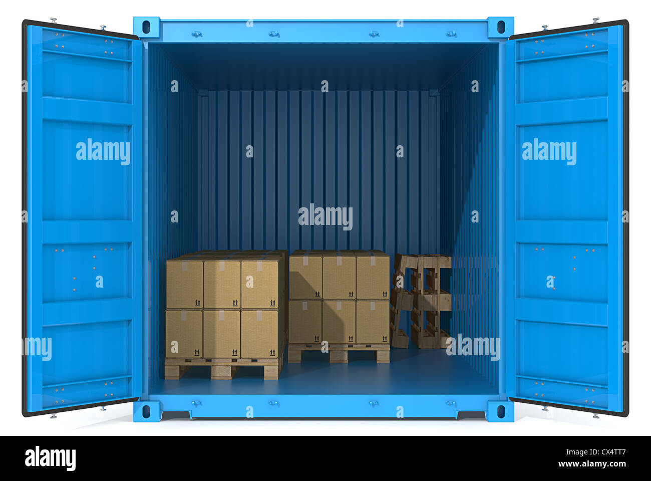 Blauen Cargo-Container. Offene Türen. Paletten und Kisten. Ansicht von vorne. Stockfoto