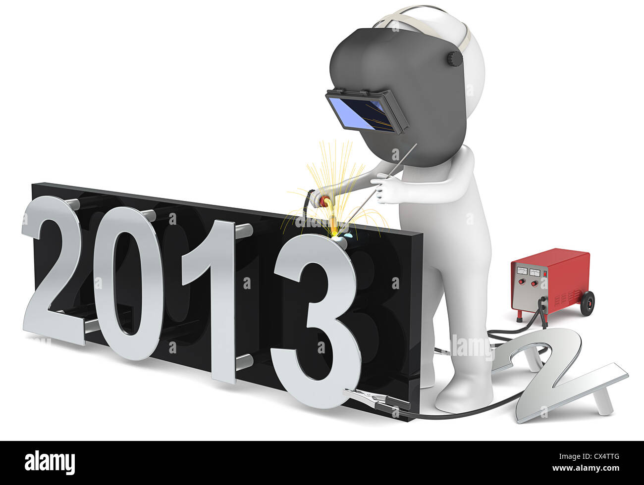 Neues Jahr 2013. 3D wenig menschliche Charakter den Schweißer, Jahreszahl ändern. Menschen-Serie. Stockfoto