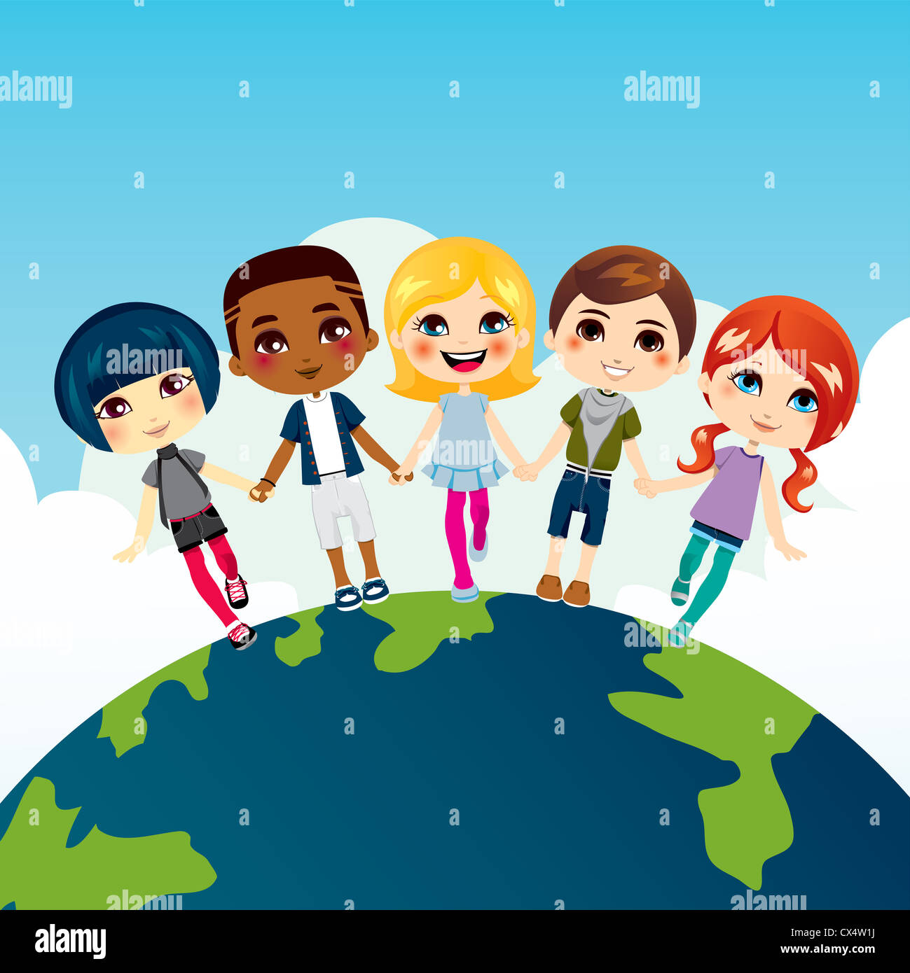 Glückliche multiethnischen Kinder Hand in Hand auf der Erdkugel Stockfoto