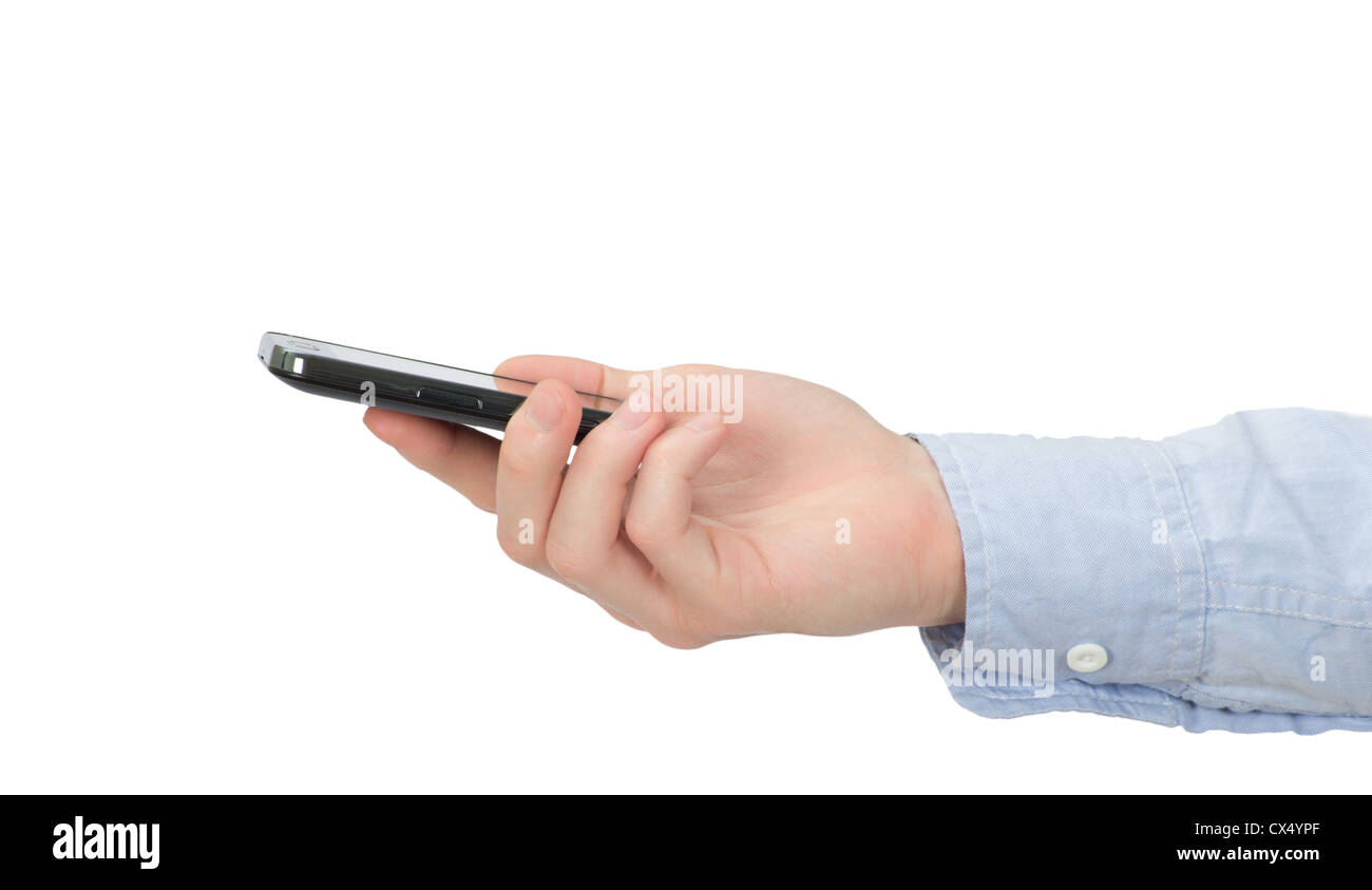 eine Hand hält ein Mobiltelefon für Unterstützung Stockfoto