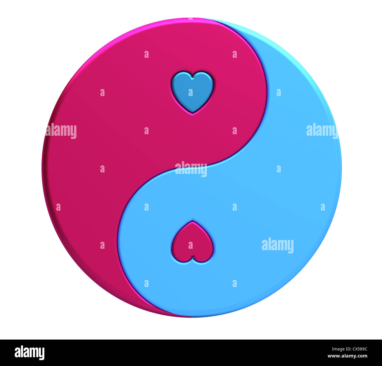Yin-Yang-Symbol mit Herzen isoliert auf weiss, 3d Rendern Stockfoto