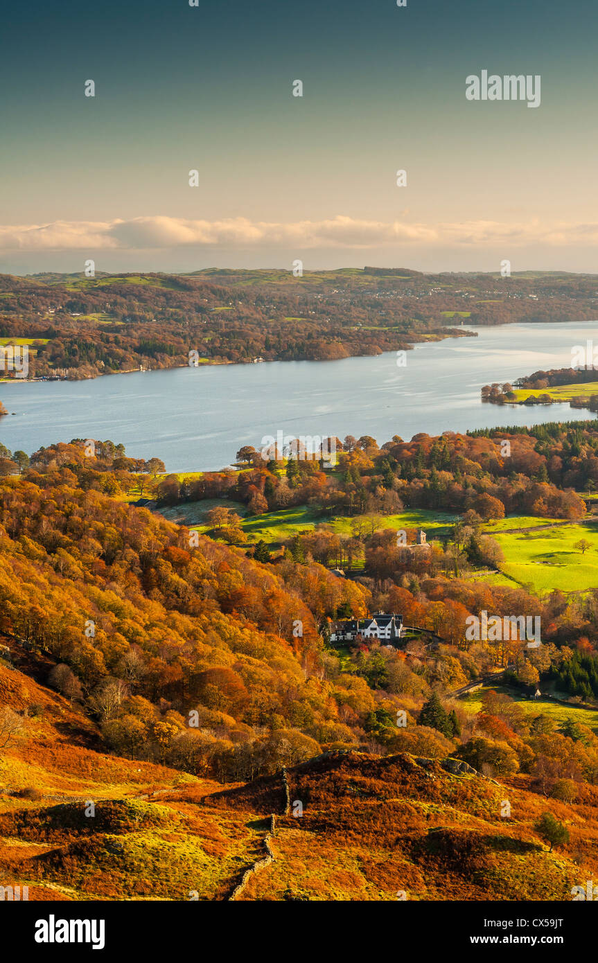 Windermere aus Loughrigg fiel, sonnigen Herbsttag, Seenplatte, Cumbria, England, uk, Europa Stockfoto