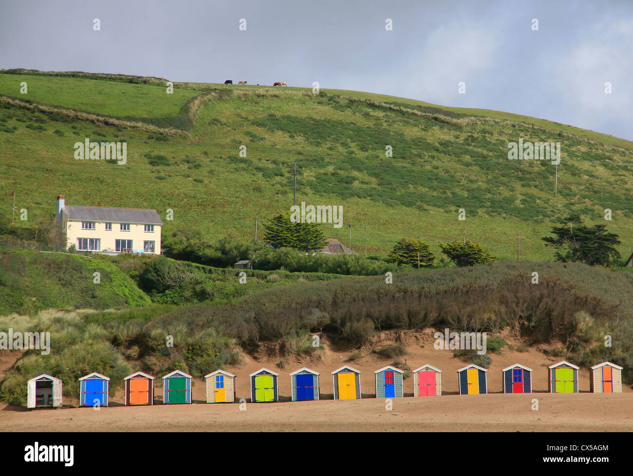 Reihe von bunten Strandhäuschen mit weißen Haus auf grasbewachsenen Hügel hinter und Kühe am Horizont. Stockfoto