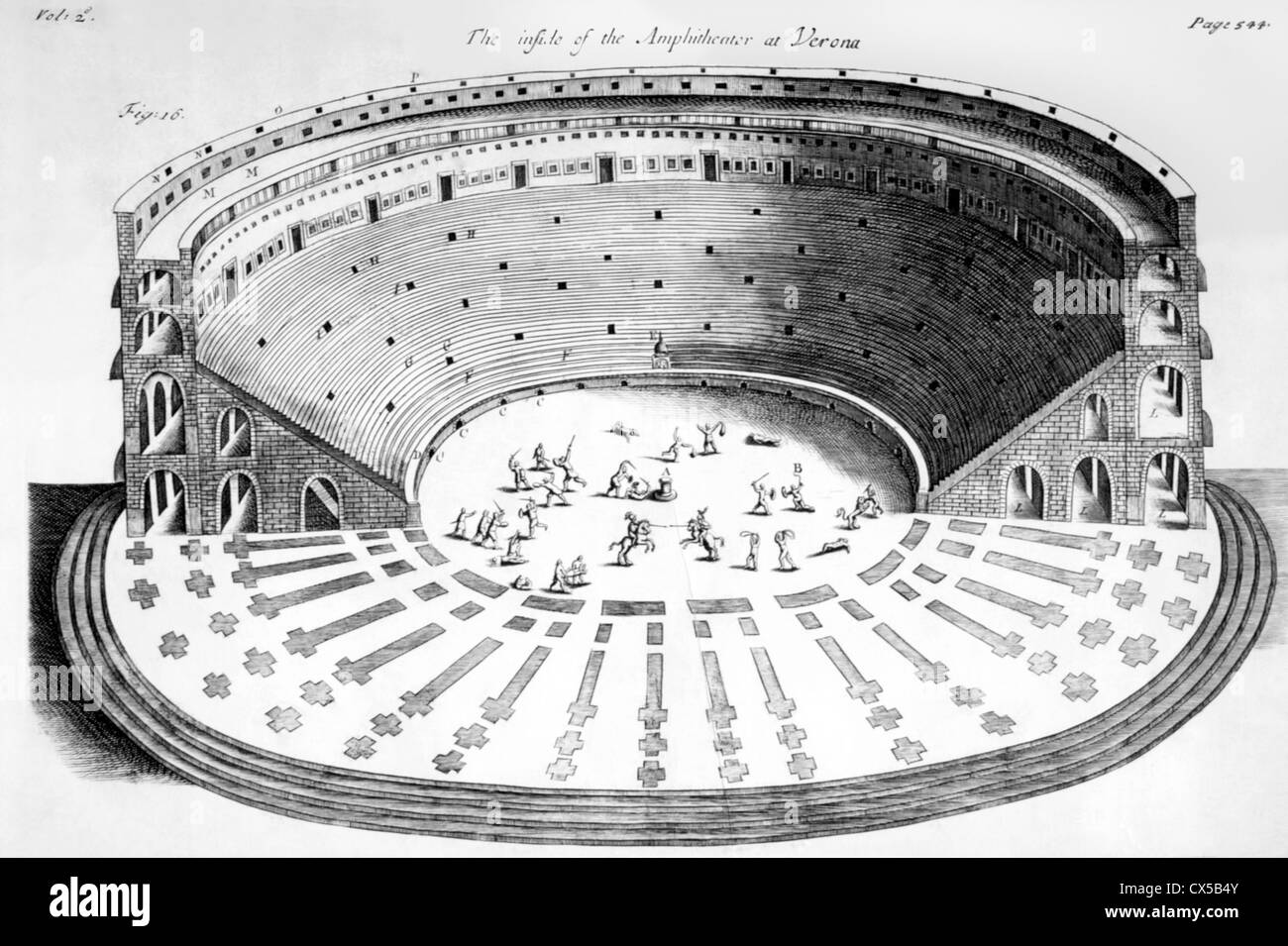 Amphitheater von Verona mit Gladiatoren, Gravur, ca. 1780 Stockfoto