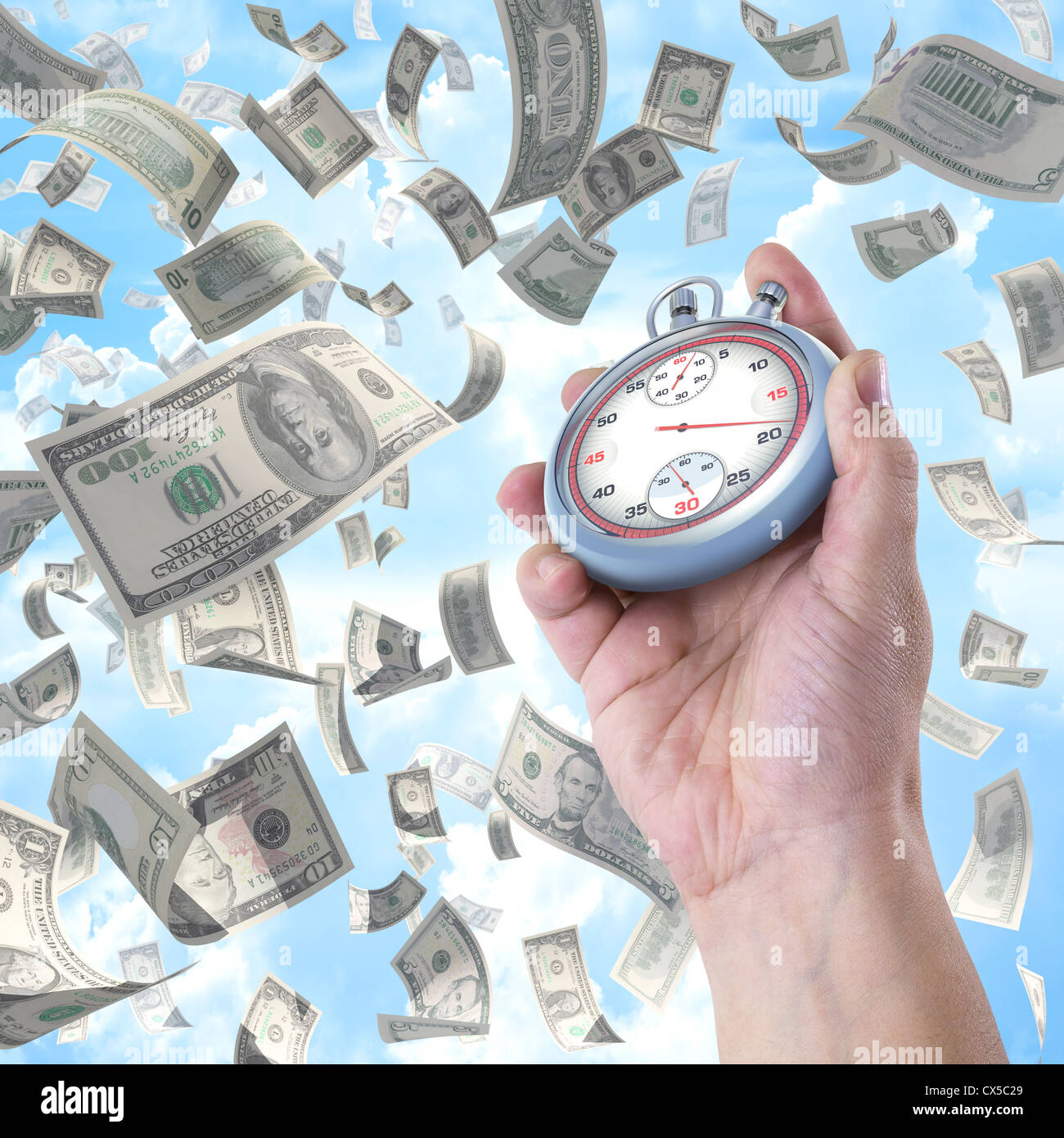 Zeit ist Geld. Die Stoppuhr zeigt die Zeit, um Geld zu verdienen. Stockfoto