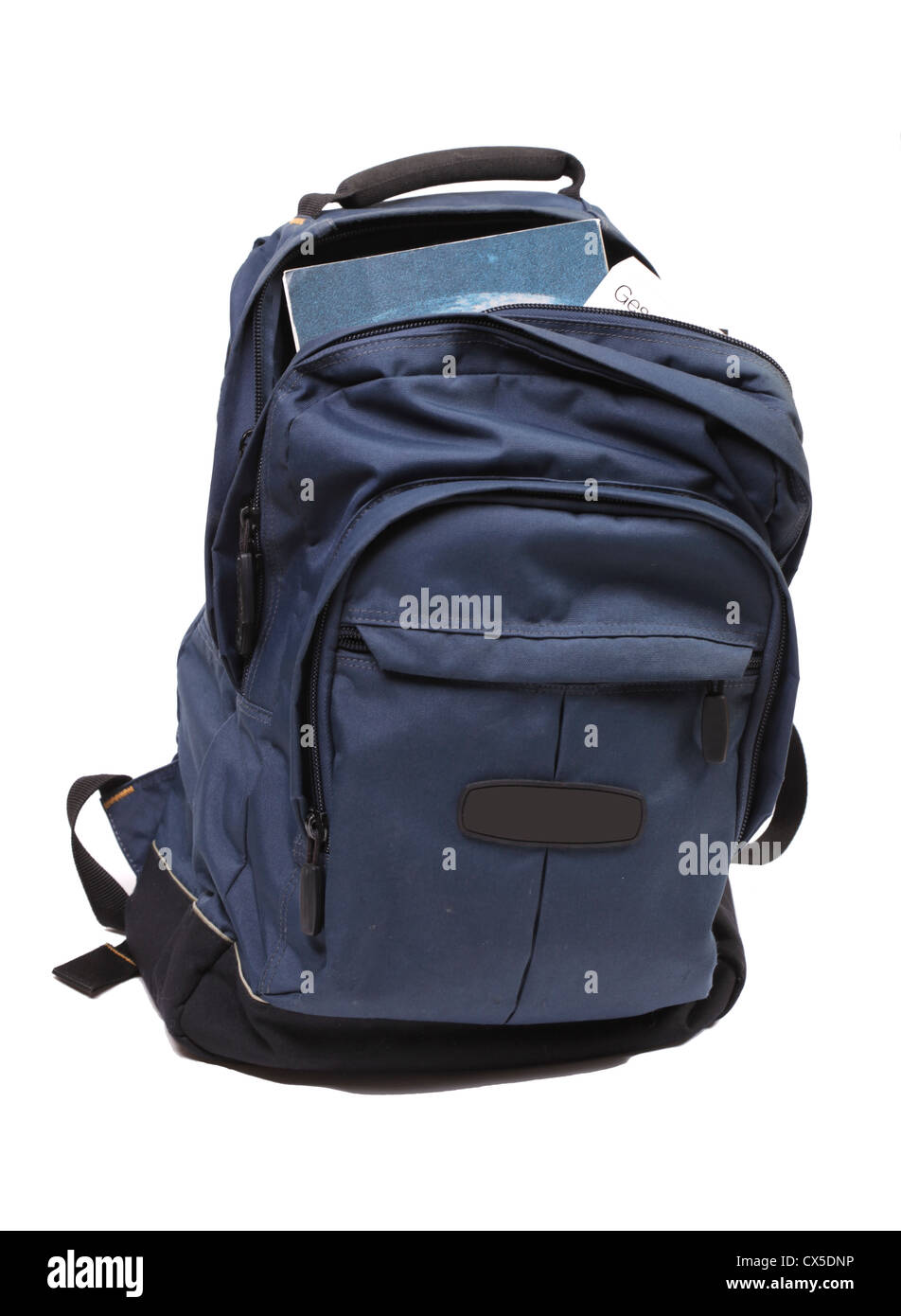 Rucksack voll mit Schulbüchern Stockfoto