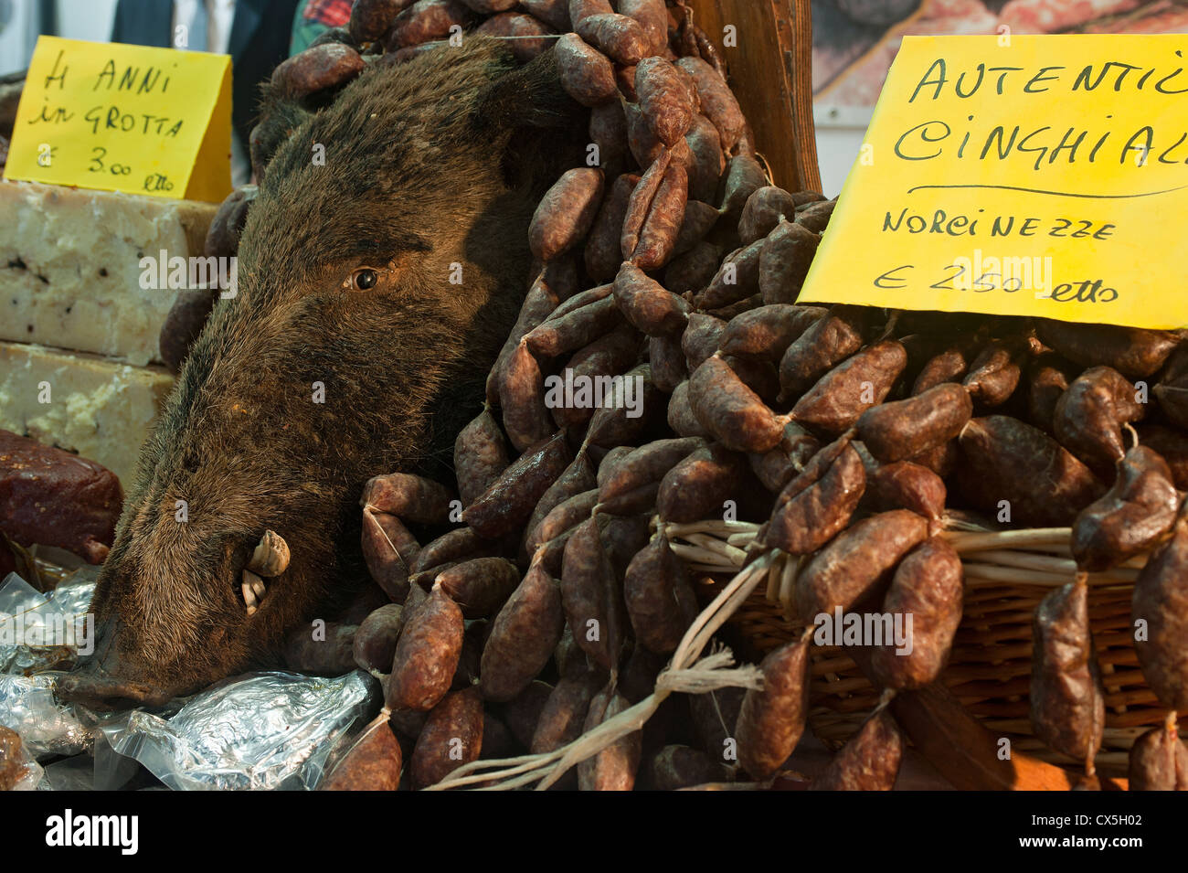 Wildschwein Würstchen in einem Lebensmittelmarkt angezeigt. Rom, Italien Stockfoto