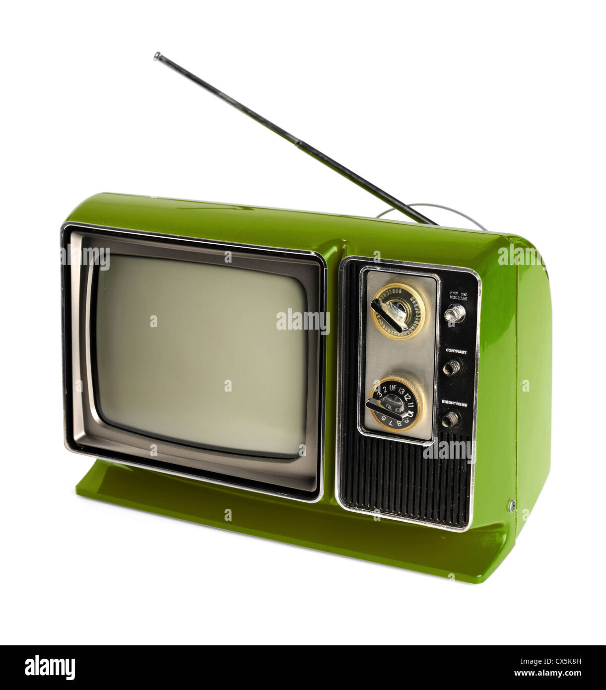 Vintage grün TV mit Antenne isoliert auf weißem Hintergrund - mit Beschneidungspfad Stockfoto