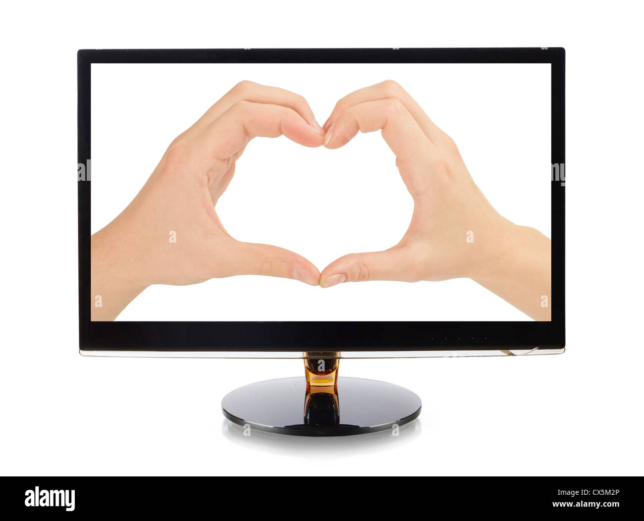 Hände bilden ein Herz im Monitor isoliert auf weiss Stockfoto