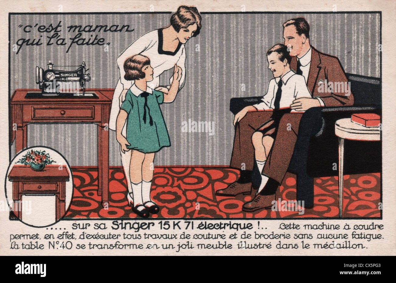 Vintage Werbe Postkarte auf Französisch für elektrische Nähmaschine Singer Stockfoto
