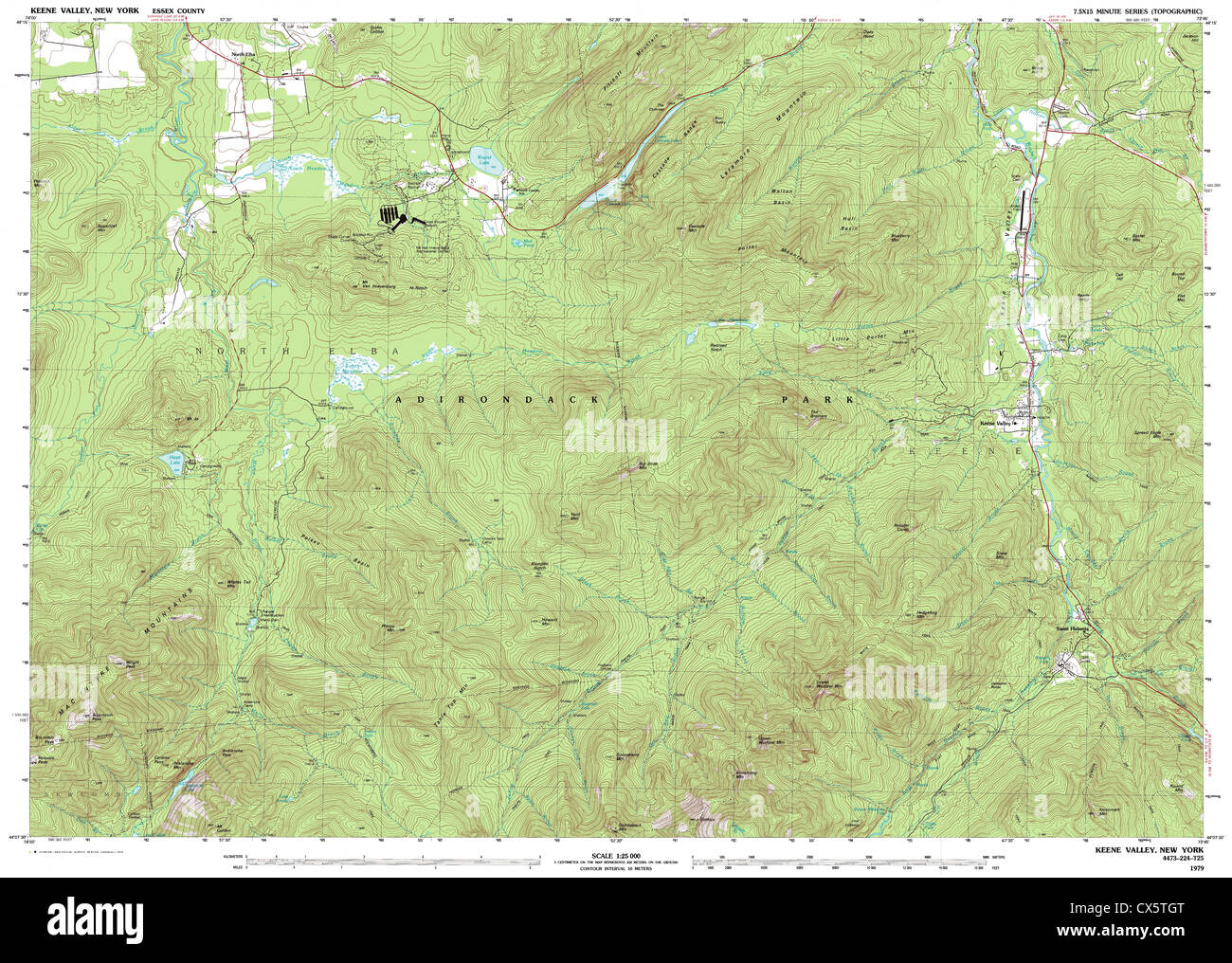 Sehr detaillierten Blick auf die topographische Karte 1979 in Keene Valley, NY Stockfoto