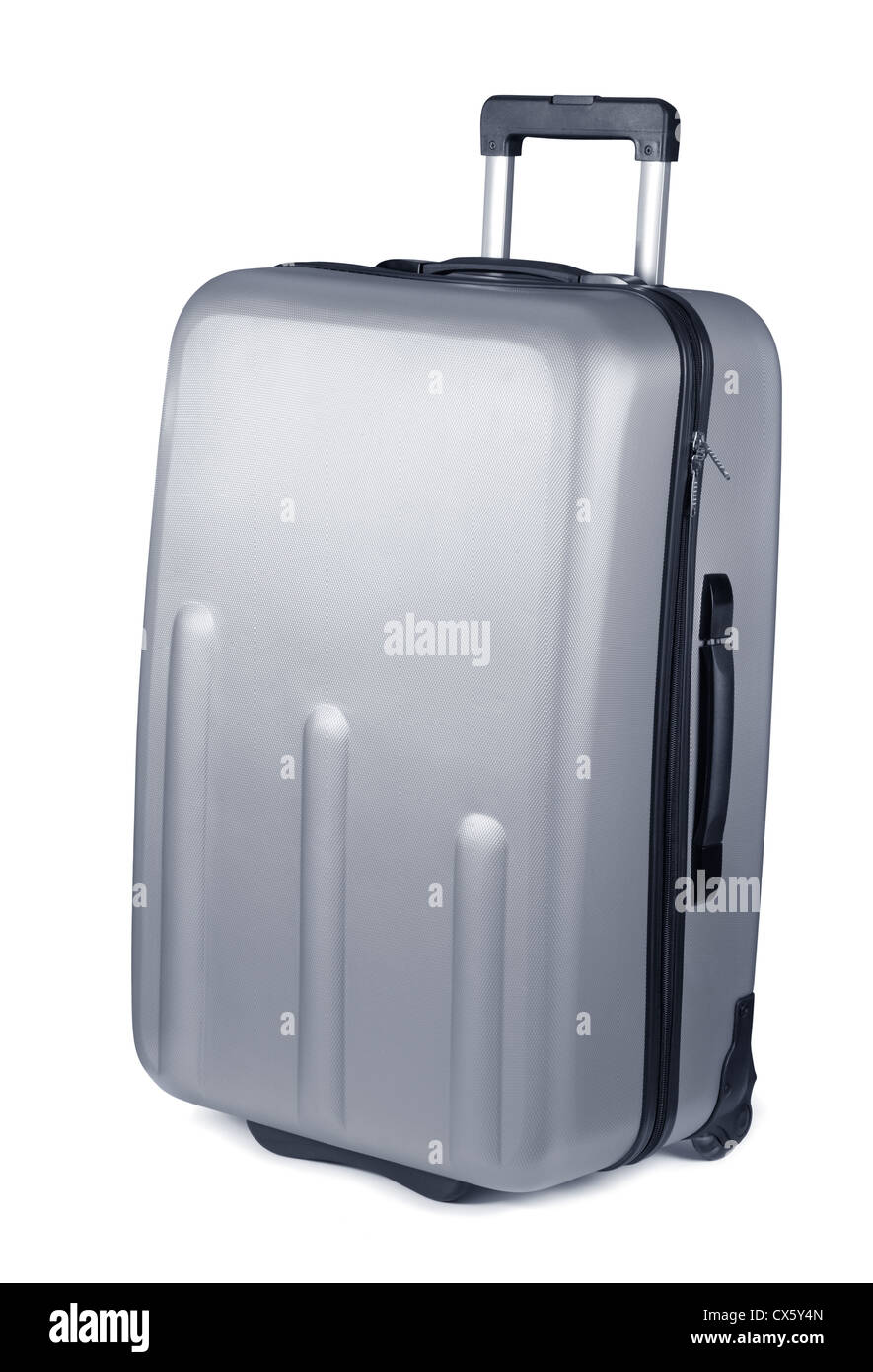 Silber Kunststoff Koffer auf Rädern isoliert auf weiss Stockfoto