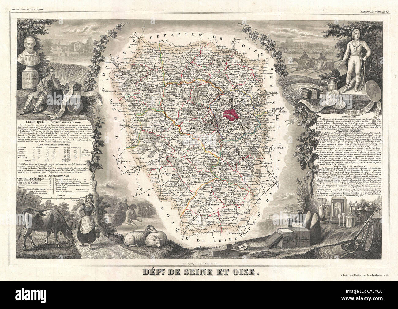1852 Levasseur Karte von Seine-et-Oise (Paris) Stockfoto