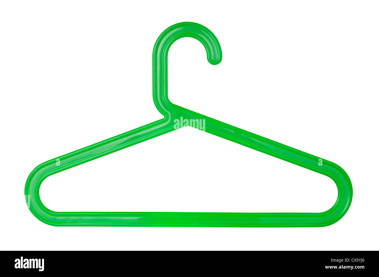 Grüne Kunststoff Kleiderbügel, isoliert auf weiss Stockfoto