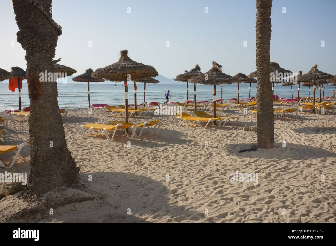 ein einsamer Läufer übergibt den Liegestühlen am Alcudia Strand, als die Sonne beginnt zu sinken Stockfoto