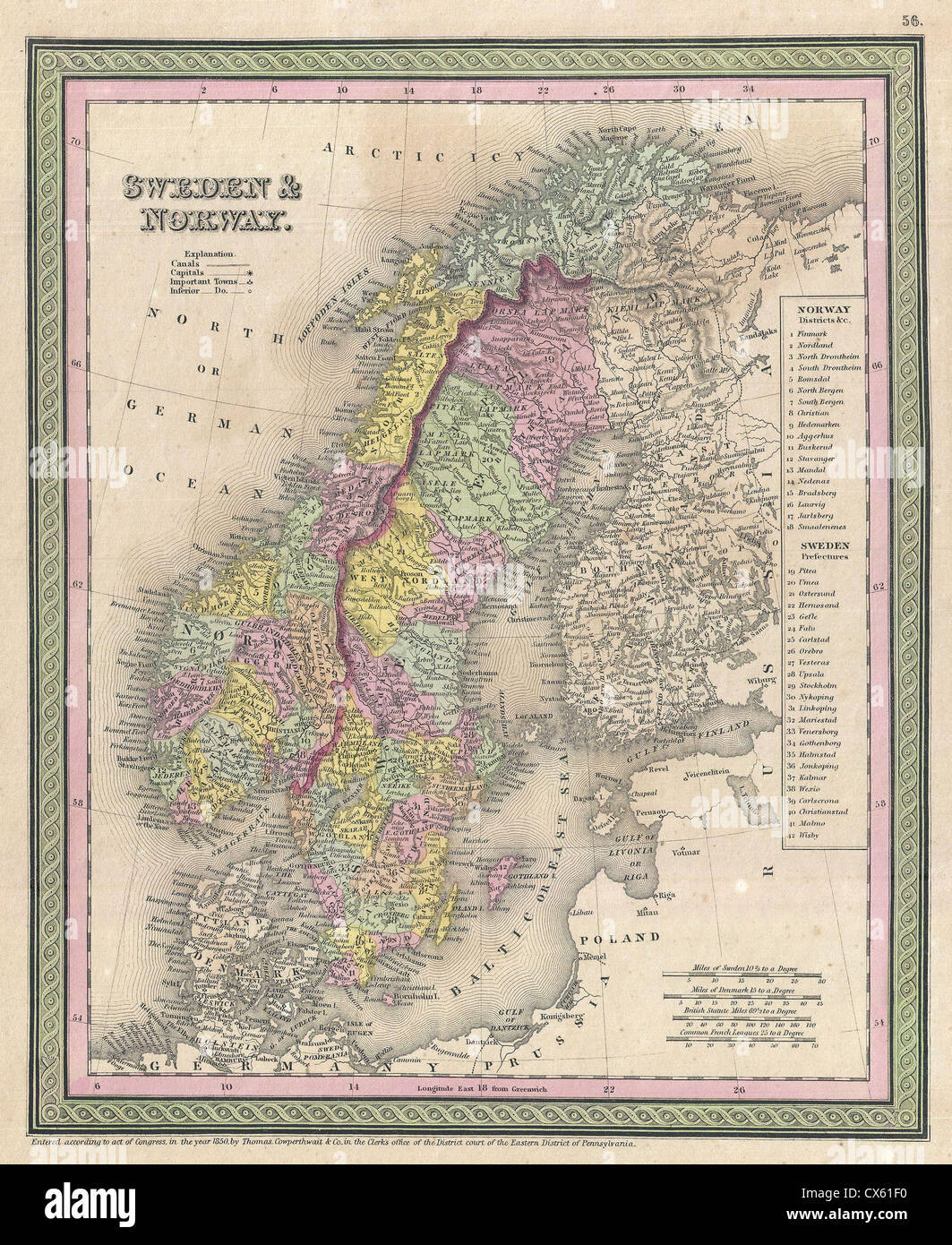 1850 Mitchell-Karte von Skandinavien, Norwegen, Schweden, Dänemark, Finnland Stockfoto