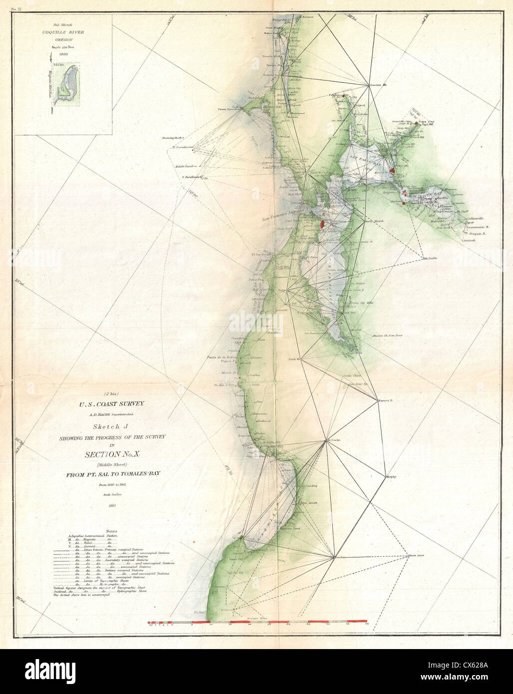 1865 US Coast Survey Triangulation Karte der Bucht von San Francisco Stockfoto