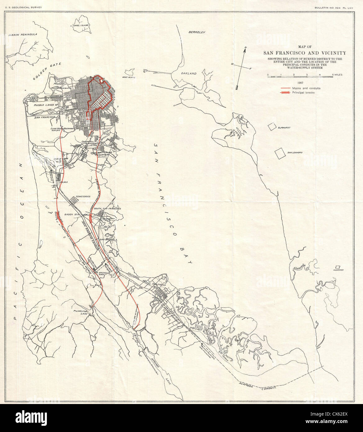 1907 Geologische Übersichtskarte der Halbinsel von San Francisco nach dem Erdbeben von 1906- Stockfoto