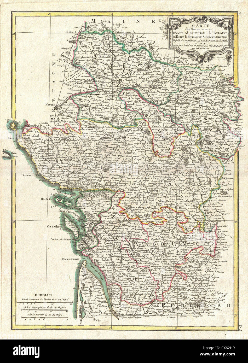1771 Bonne Karte von Poitou, Touraine und Anjou, Frankreich Stockfoto