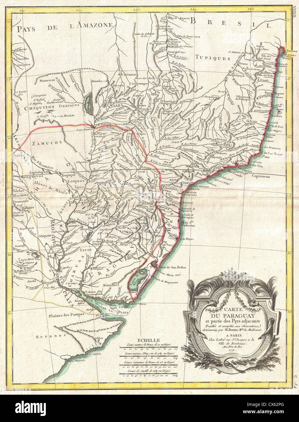 1771 Bonne Karte von Paraguay, Uruguay und Brasilien Stockfoto