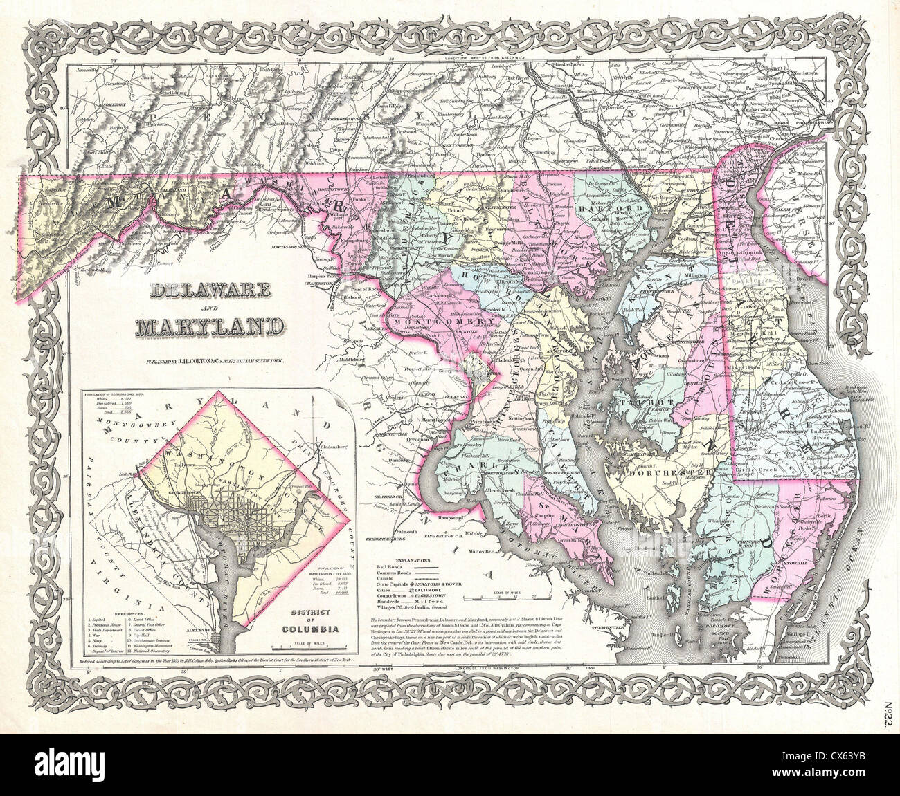 1855 Colton Karte von Delaware, Maryland und Washington D.C. Stockfoto