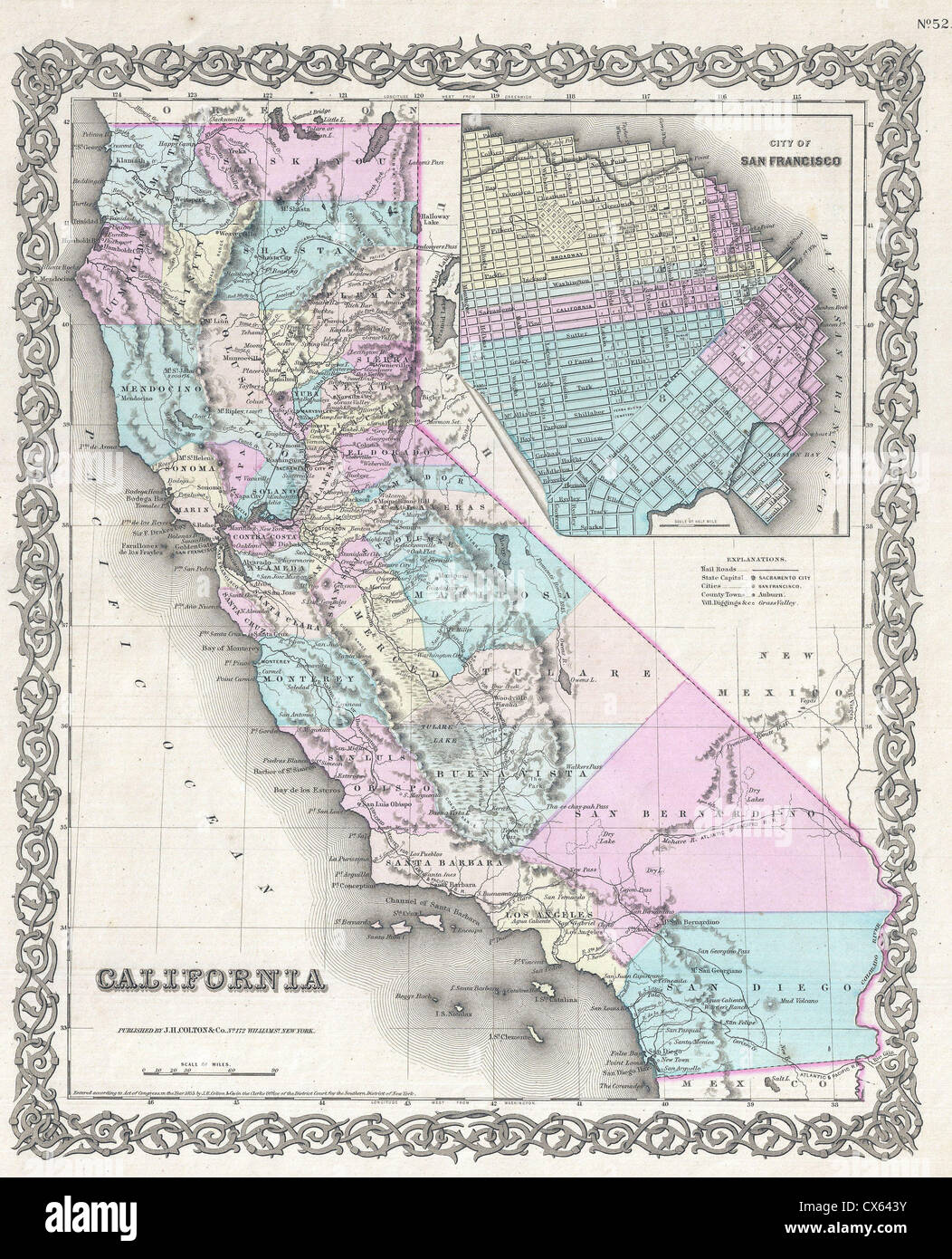1855 Colton Karte von Kalifornien und San Francisco Stockfoto