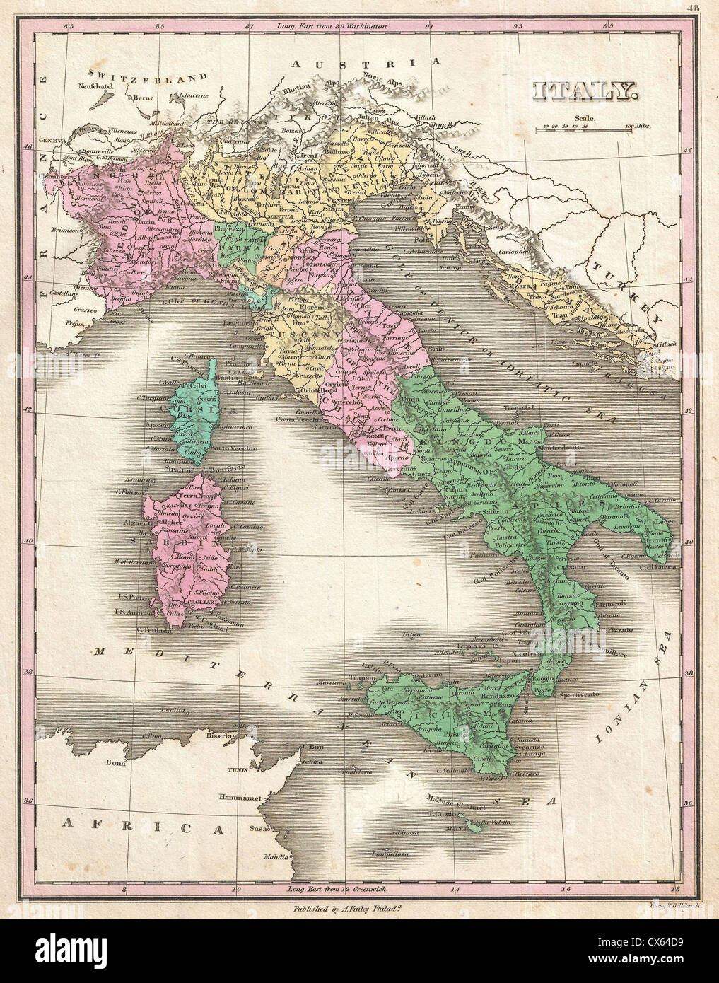 1827 Finley Karte von Italien Stockfoto