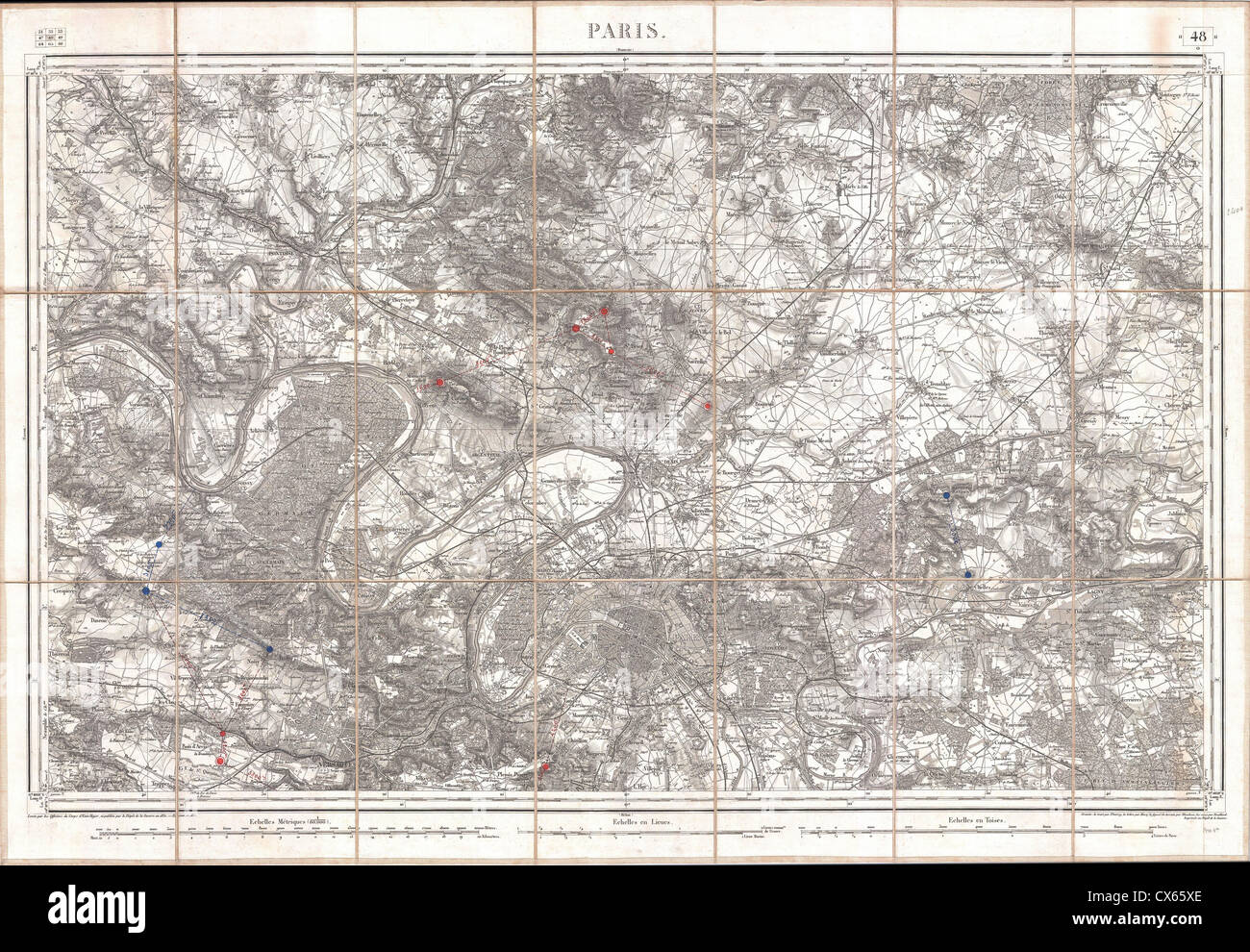 1852 Depot de Guerre Karte von Paris und seiner Umgebung, Frankreich Stockfoto