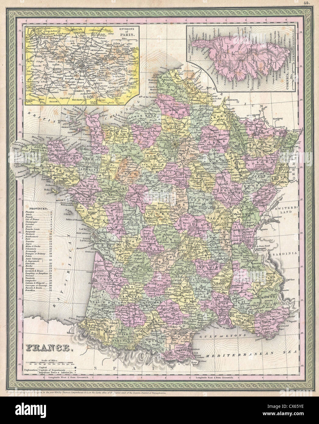 Diese Mitchell Landkarte von Frankreich aus dem Jahr 1853 ist eine historische Darstellung des Landes und bietet detaillierte geografische Informationen aus der Mitte des 19. Jahrhunderts, die die politischen Unterschiede und die Topographie Frankreichs zu dieser Zeit darstellen. Stockfoto