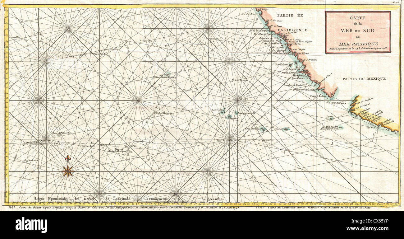 1750 Anson Karte von Baja California und dem Pazifik w - Handelswege von Acapulco nach Manila Stockfoto