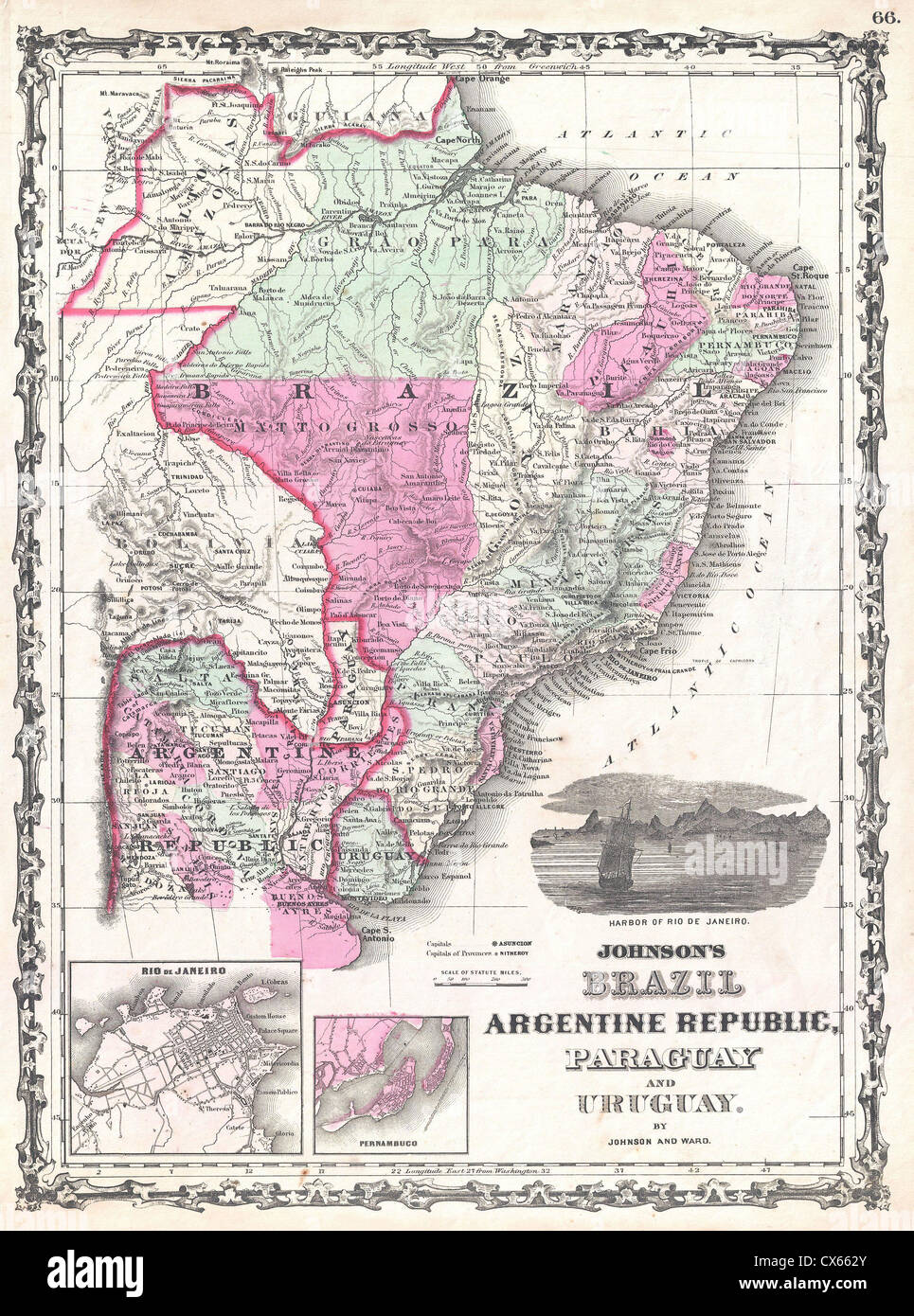 1862 Johnson Karte von Brasilien, Paraguay, Uruguay und Argentinien Stockfoto
