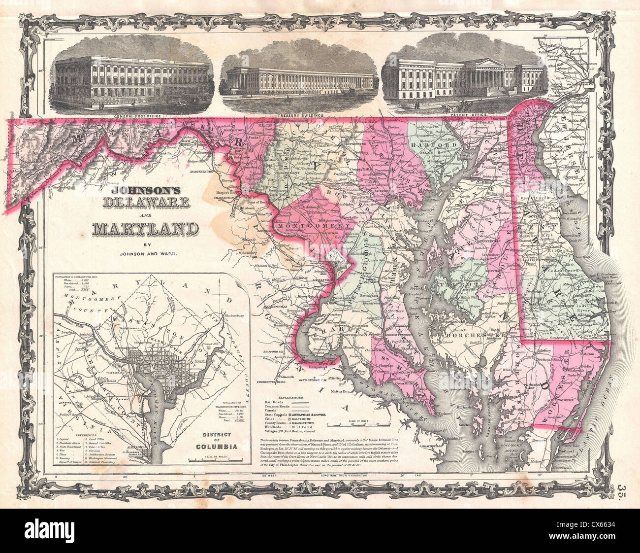 1862 Johnson Karte von Maryland und Delaware Stockfoto
