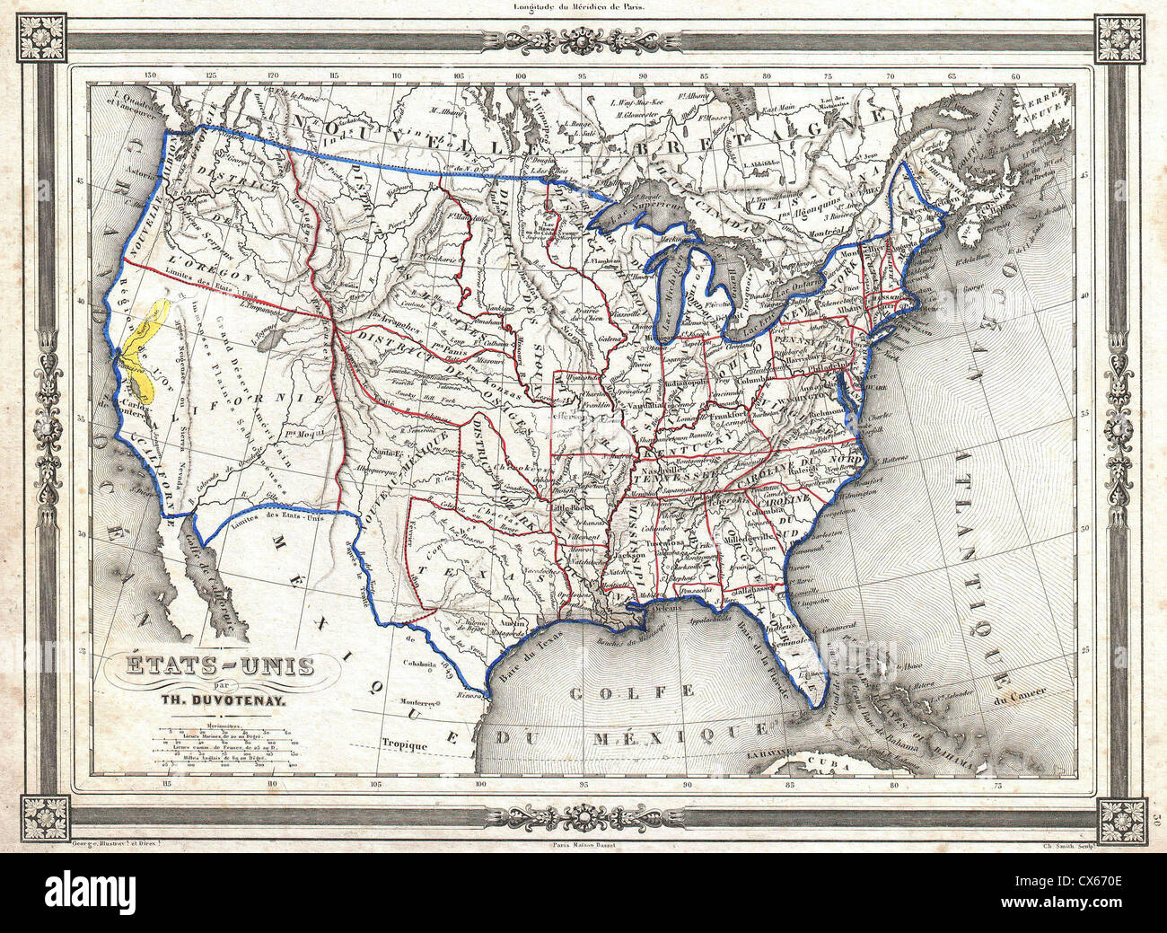 1852 Duvotenay Karte der Vereinigten Staaten (Gold Rush) Stockfoto